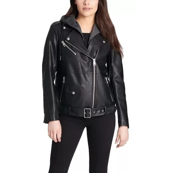 Levi Strauss & Co. Black Faux Leather Moto Jacket Gray Hoodie Womens Medium NEW - Picture 16 of 16